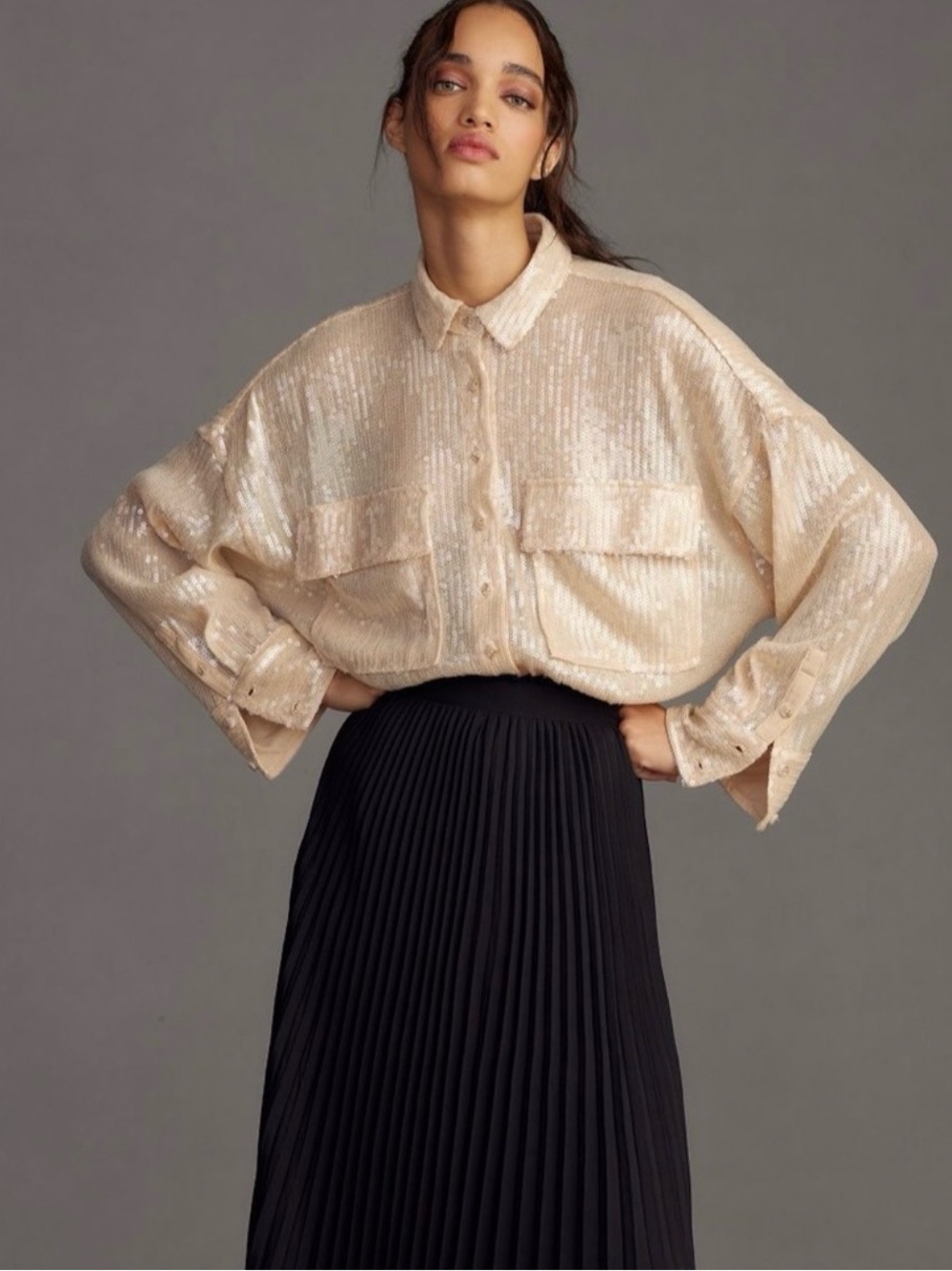 Pilcro Champagne Sequin Button-Down Shirt